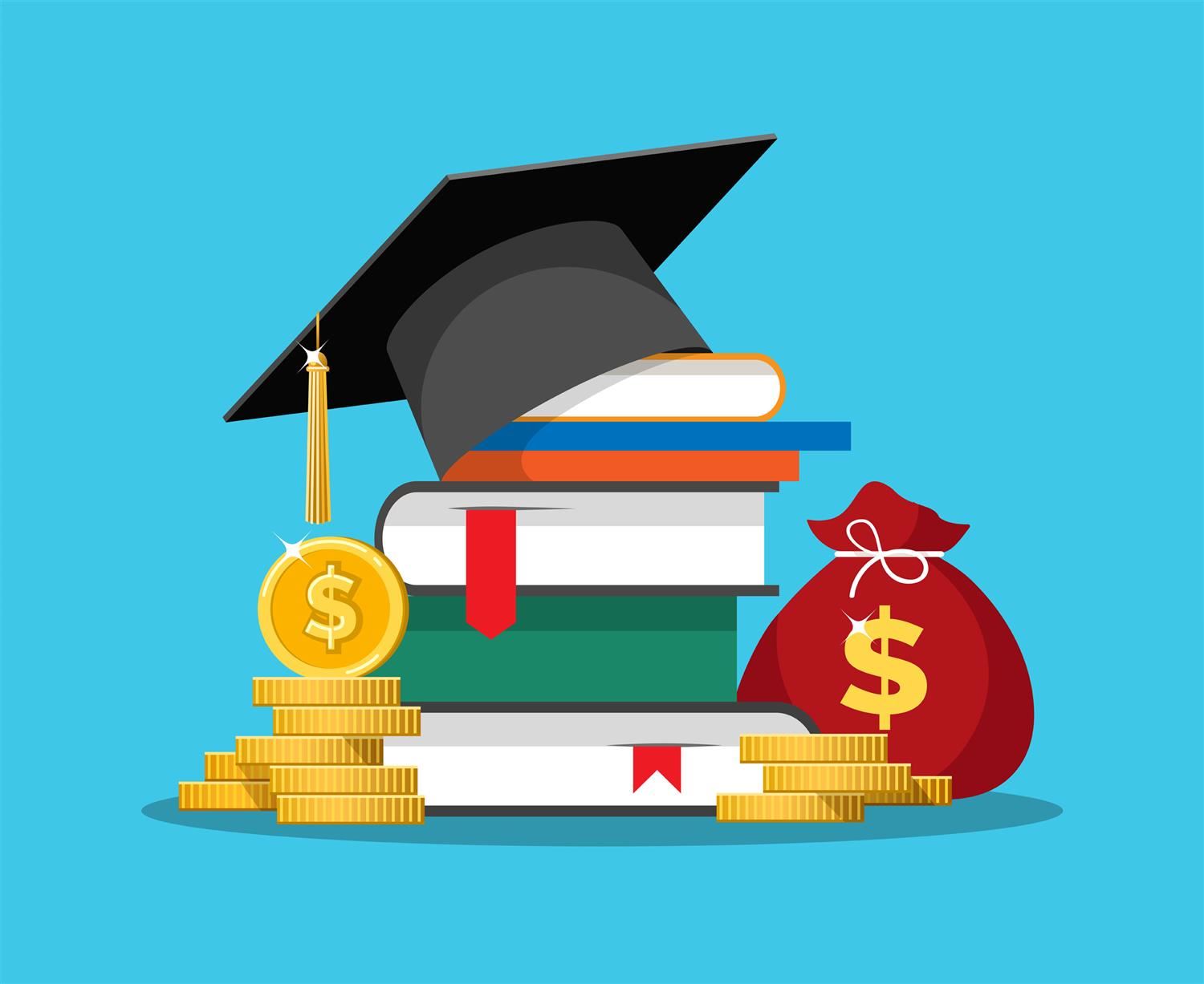  Graduation cap, books, and coin