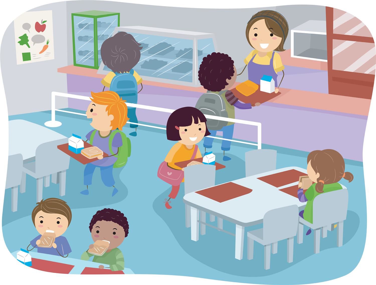  Kids buying and eating lunch in a cafeteria