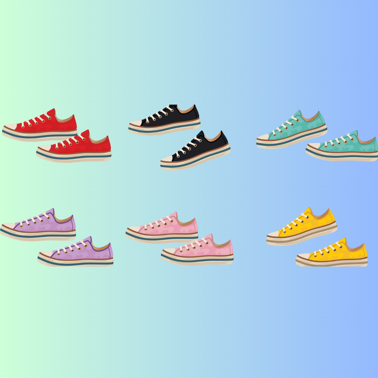  Sneakers in various colors on a gradient blue green background
