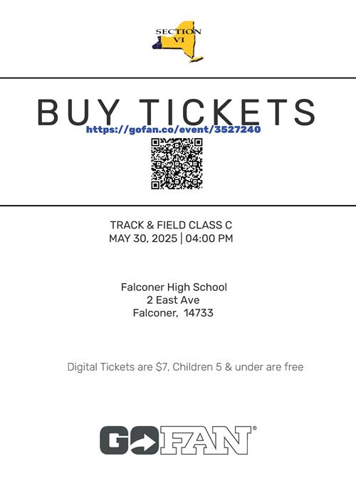 Information for the website and a QR code to buy tickets for the track meet on 5/30