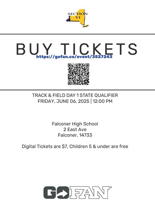 Information for the website and a QR code to buy tickets for the track meet on 6/6