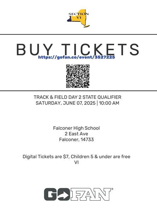 Information for the website and a QR code to buy tickets for the track meet on 6/7